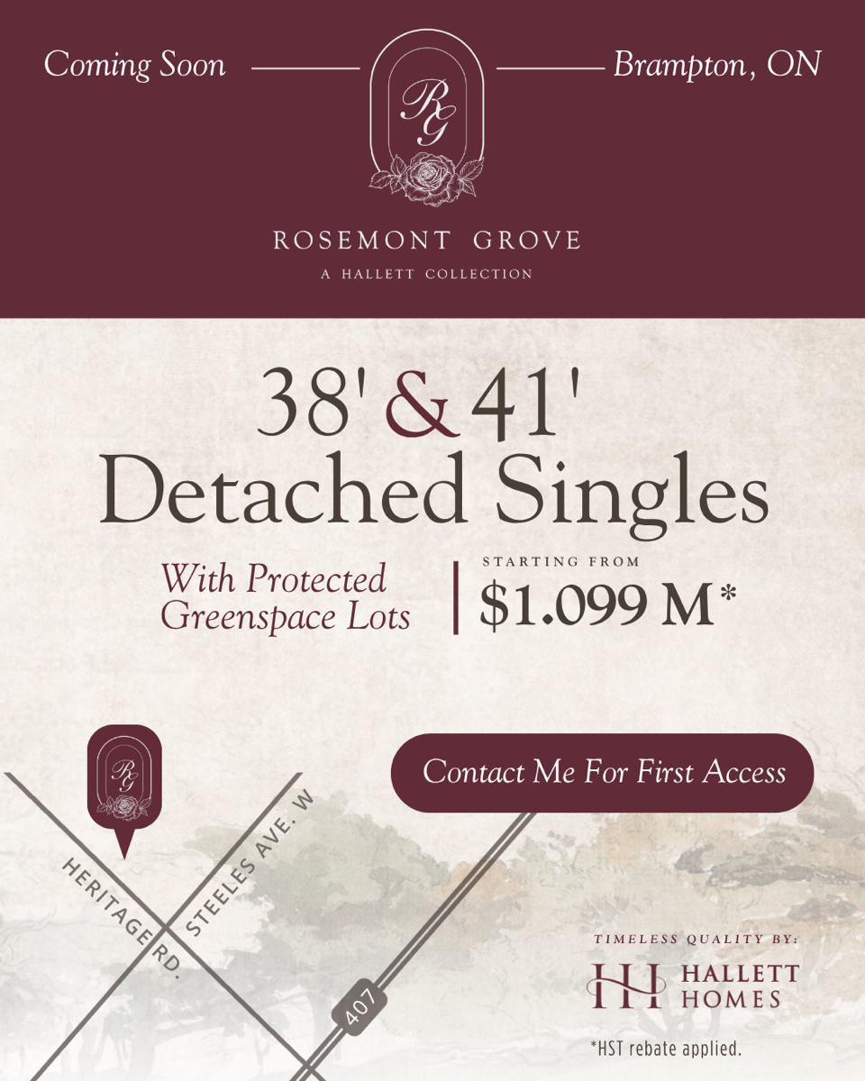 Rosemont Grove — 38' and 41' Detached Singles with Protected Greenspace Lots, Starting from $1.099M at Heritage Rd. and Steeles Ave. W., Brampton by Hallett Homes